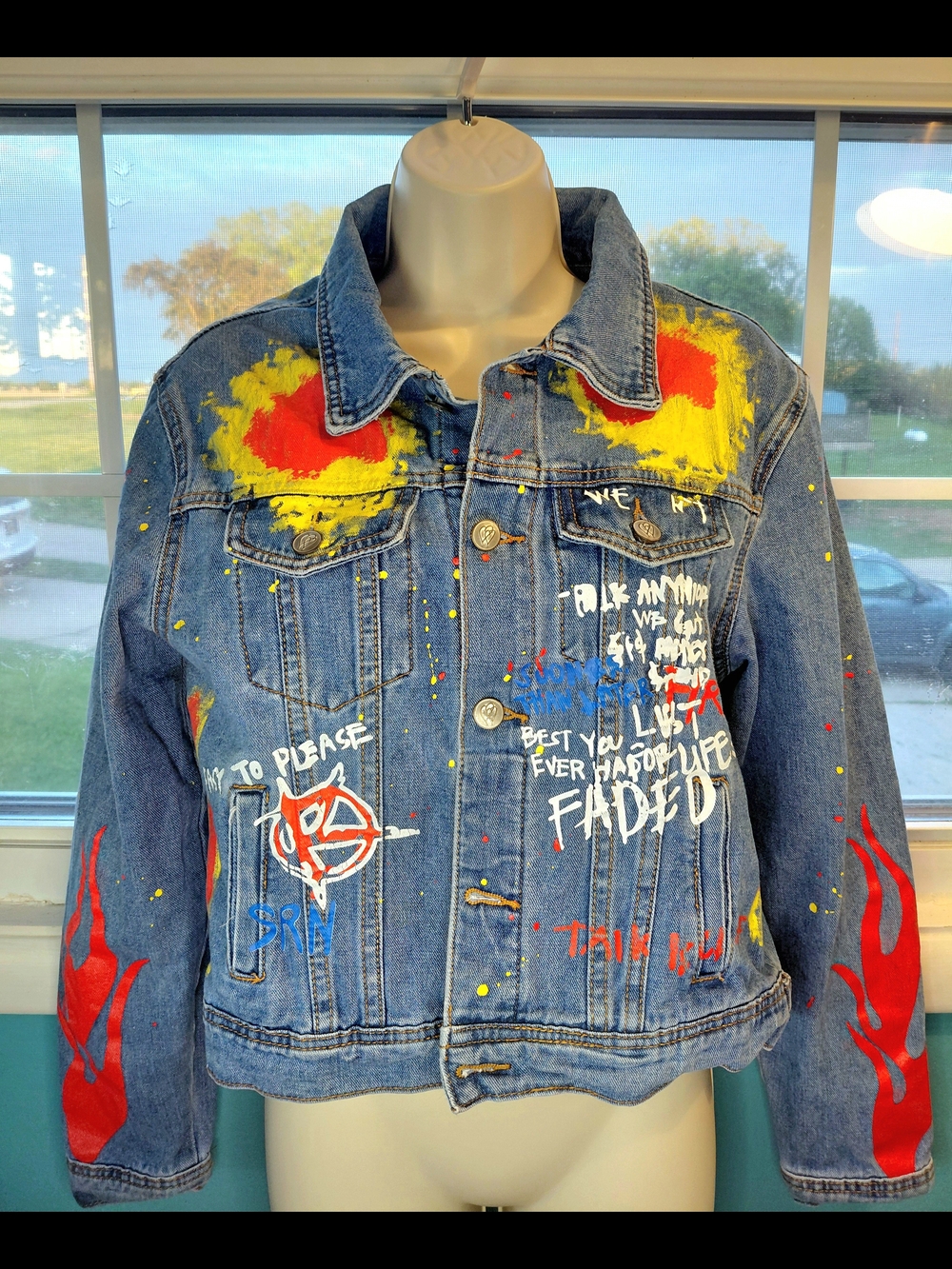 Boutique Hand Painted Denim Jacket with Graffiti Art Detail. EUC. Size M. - Picture 2 of 13
